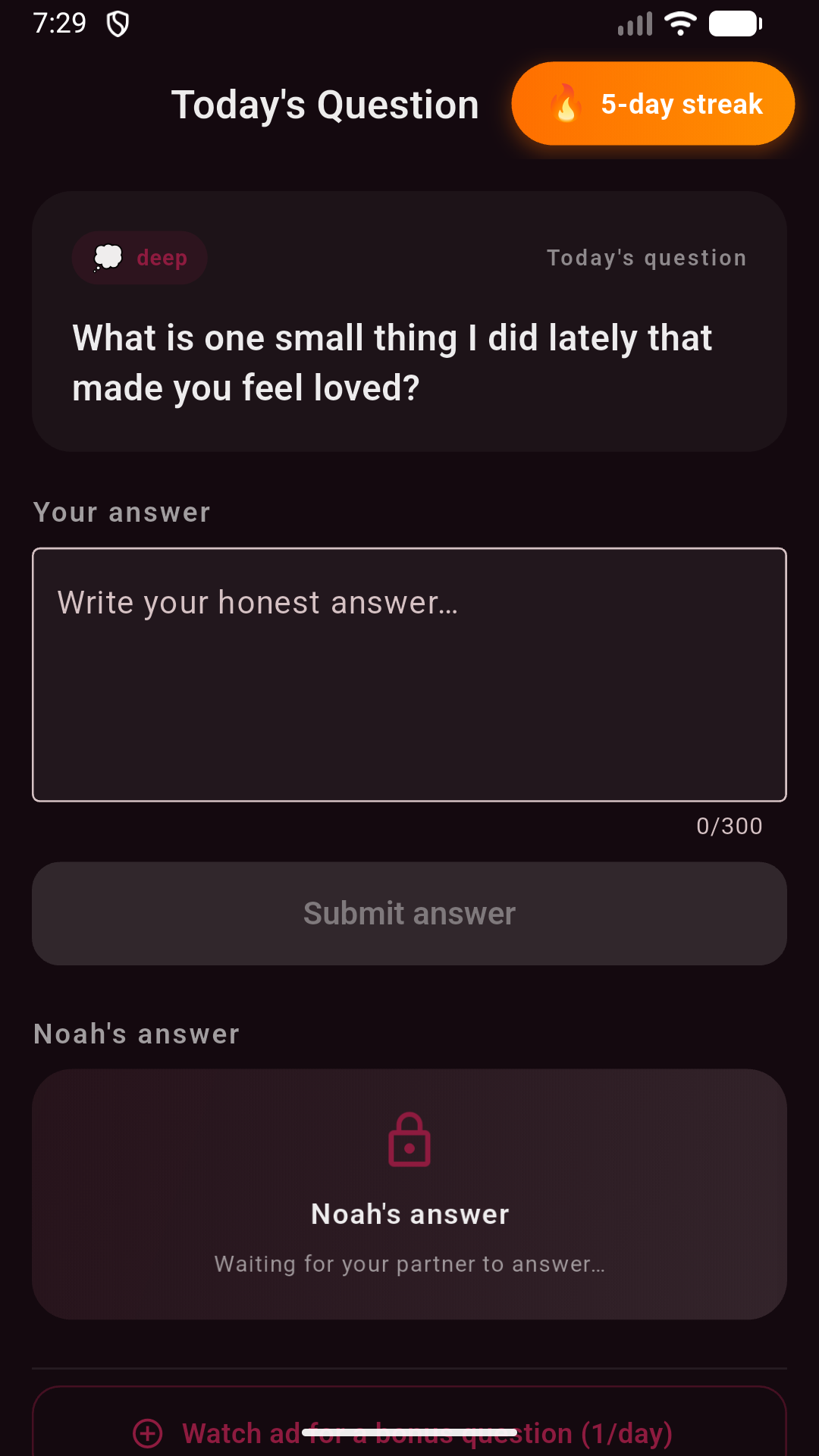 A daily question asks what made your partner feel loved, with separate answers for each partner.